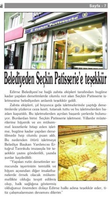 Edirne Belediyesi'nden Seçkin Patisserie (Pastanesi)'ne Teşekkür